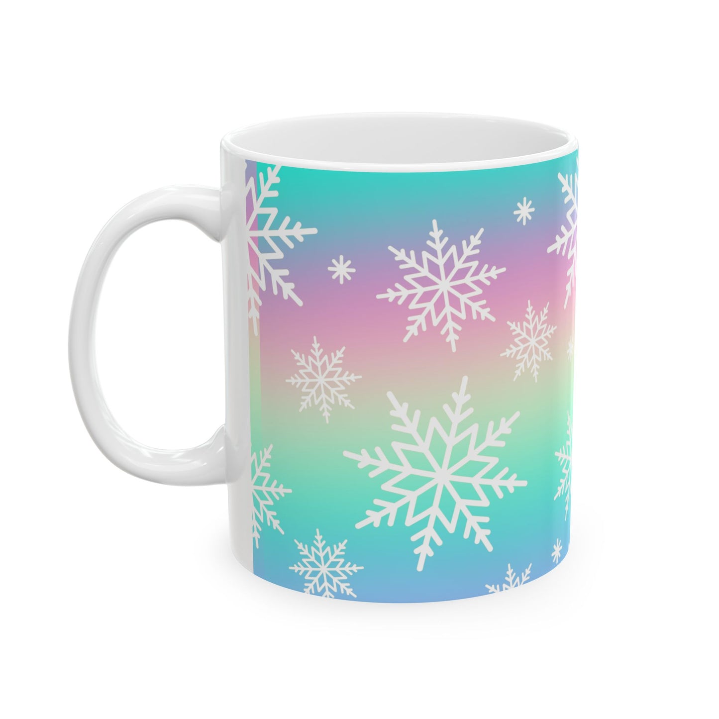 Colorful Snowflake Ceramic Mug for Winter, Holiday Gift, Cozy Hot Beverage Cup, Custom Design, Warm Vibe