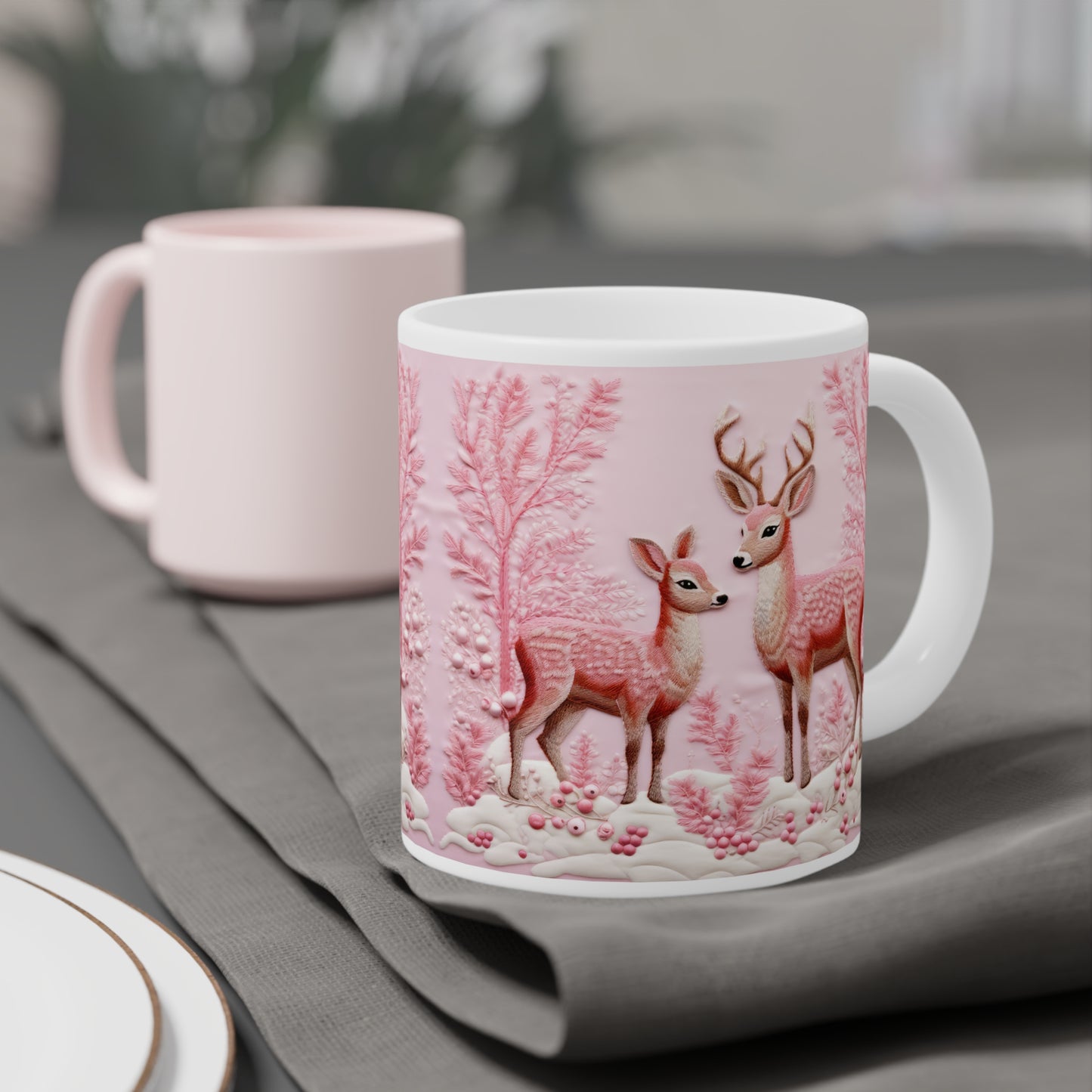 Charming Woodland Deer Ceramic Mug, Cozy Beverage Cup for Nature Lovers, Gift for Holidays, Wildlife Themed Drinkware, Perfect for Home