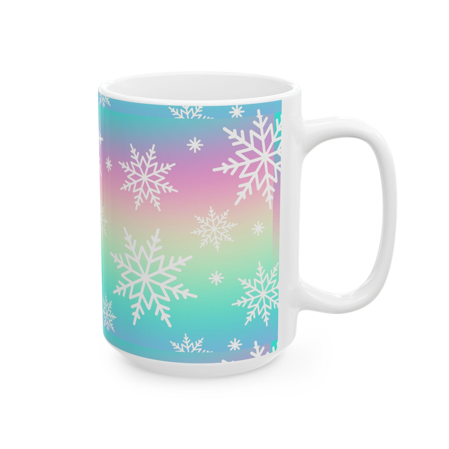 Colorful Snowflake Ceramic Mug for Winter, Holiday Gift, Cozy Hot Beverage Cup, Custom Design, Warm Vibe
