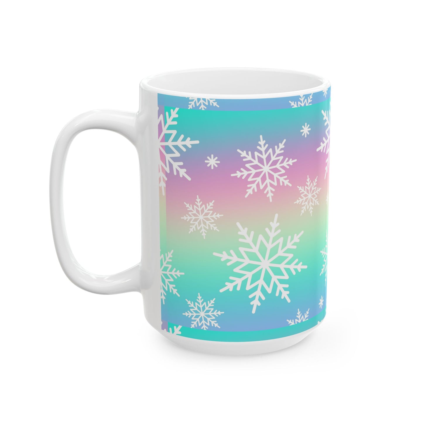 Colorful Snowflake Ceramic Mug for Winter, Holiday Gift, Cozy Hot Beverage Cup, Custom Design, Warm Vibe