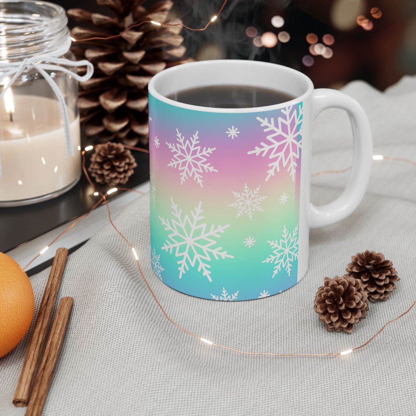 Colorful Snowflake Ceramic Mug for Winter, Holiday Gift, Cozy Hot Beverage Cup, Custom Design, Warm Vibe
