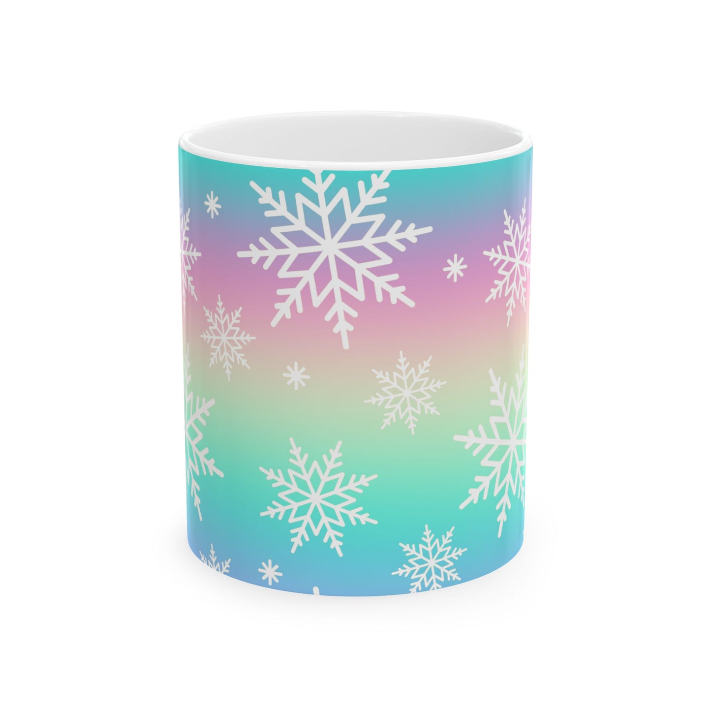 Colorful Snowflake Ceramic Mug for Winter, Holiday Gift, Cozy Hot Beverage Cup, Custom Design, Warm Vibe