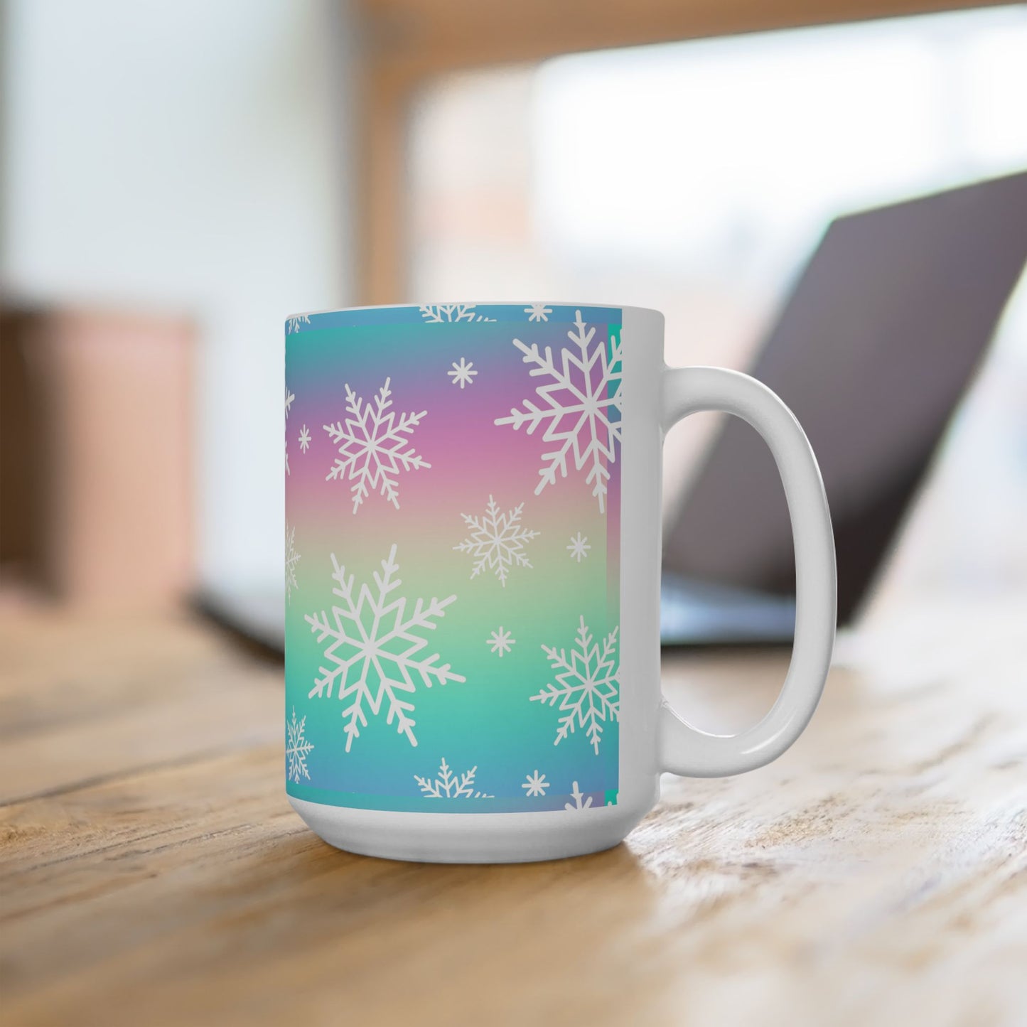Colorful Snowflake Ceramic Mug for Winter, Holiday Gift, Cozy Hot Beverage Cup, Custom Design, Warm Vibe