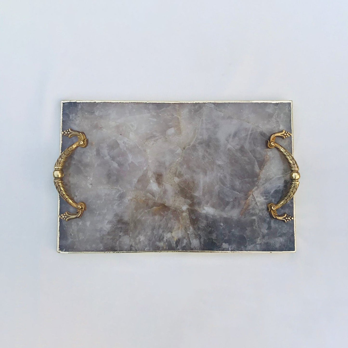 Smoky Quartz Agate Serving Tray With Brass Handles-2