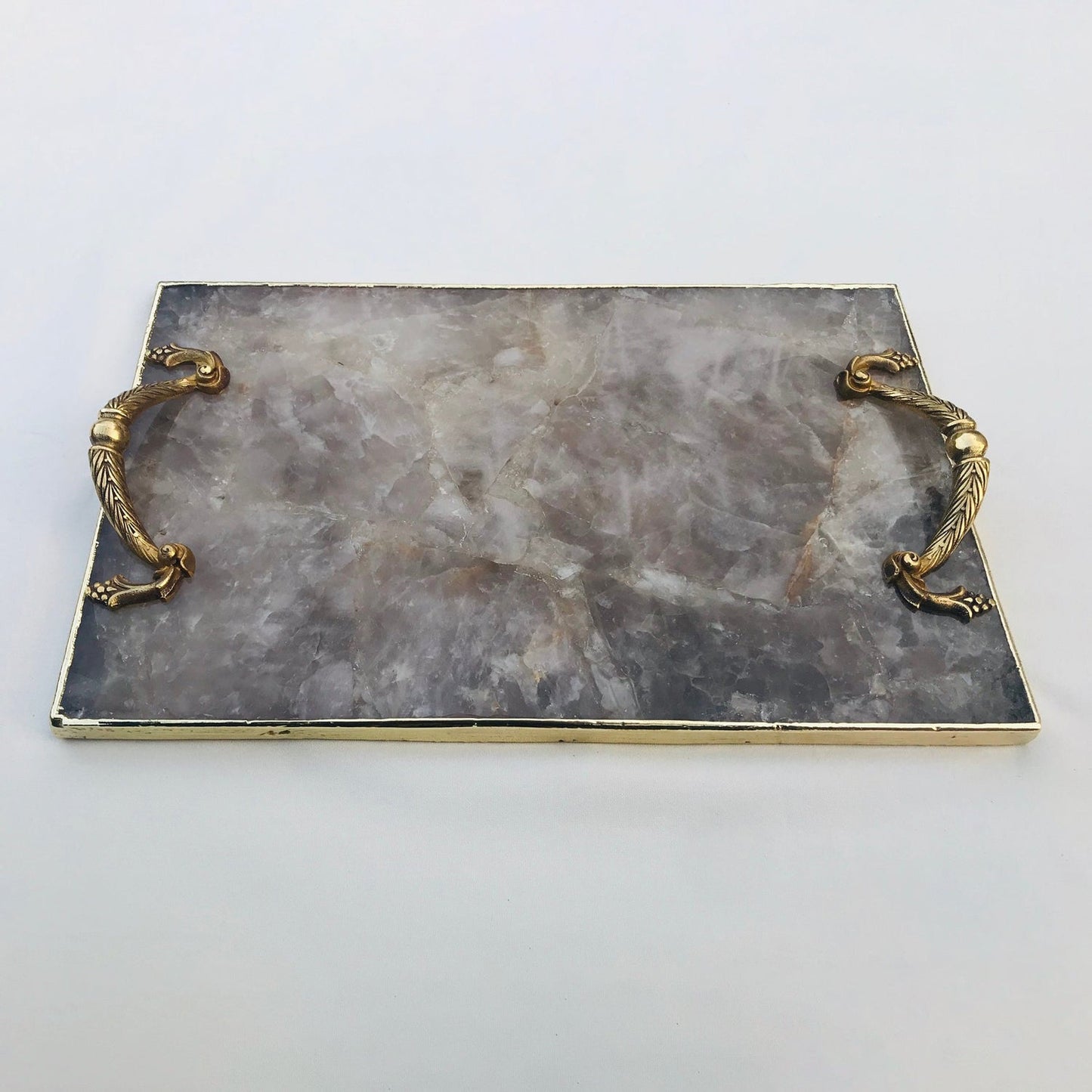 Smoky Quartz Agate Serving Tray With Brass Handles-4