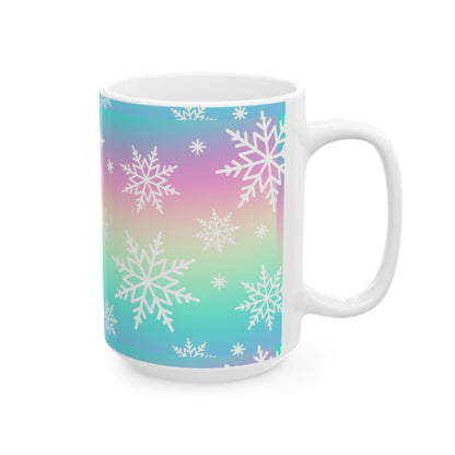Colorful Snowflake Ceramic Mug for Winter, Holiday Gift, Cozy Hot Beverage Cup, Custom Design, Warm Vibe