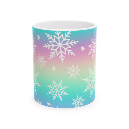 Colorful Snowflake Ceramic Mug for Winter, Holiday Gift, Cozy Hot Beverage Cup, Custom Design, Warm Vibe