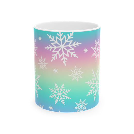 Colorful Snowflake Ceramic Mug for Winter, Holiday Gift, Cozy Hot Beverage Cup, Custom Design, Warm Vibe