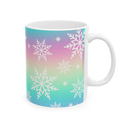 Colorful Snowflake Ceramic Mug for Winter, Holiday Gift, Cozy Hot Beverage Cup, Custom Design, Warm Vibe