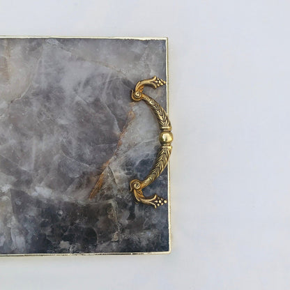 Smoky Quartz Agate  Serving Tray With Brass Handles-3