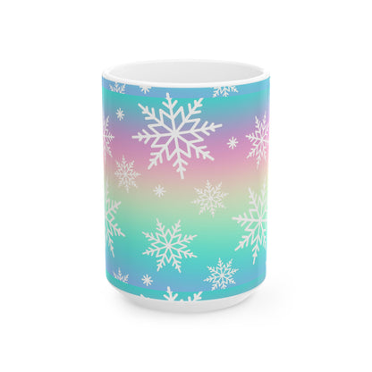 Colorful Snowflake Ceramic Mug for Winter, Holiday Gift, Cozy Hot Beverage Cup, Custom Design, Warm Vibe