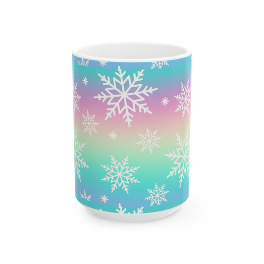 Colorful Snowflake Ceramic Mug for Winter, Holiday Gift, Cozy Hot Beverage Cup, Custom Design, Warm Vibe